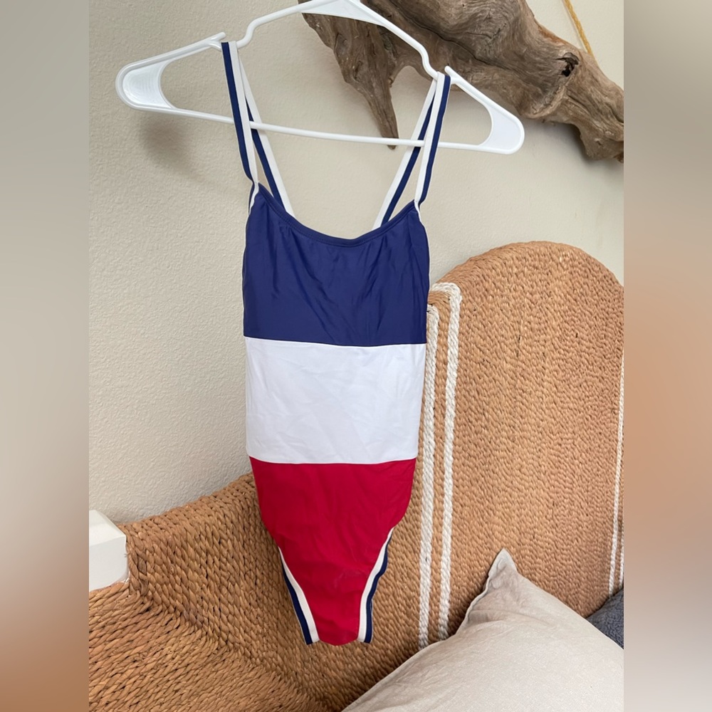 Red white and blue color blocked striped one piece swim suit size xs